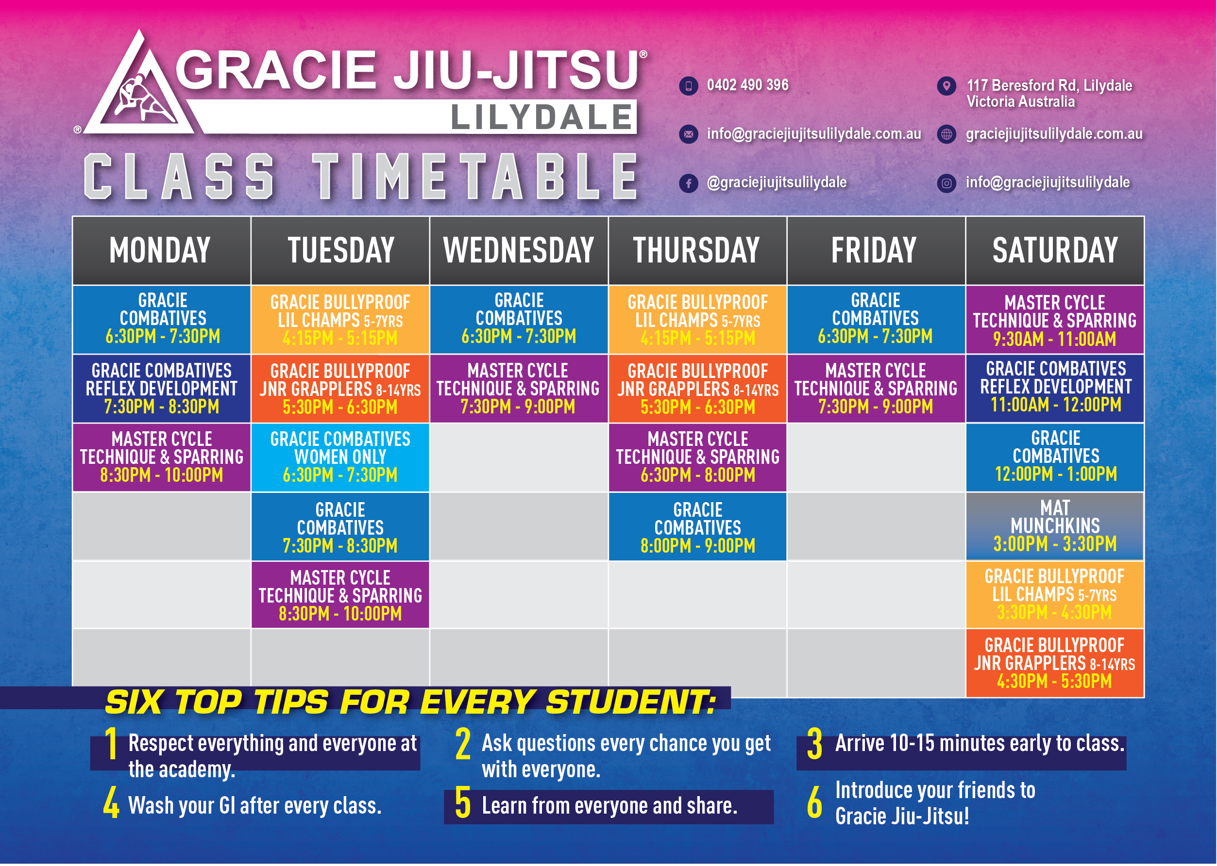 Gracie Jiu-Jitsu Lilydale Class Timetable 2025